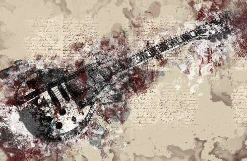 An artistic painting of a guitar with splashes of red and white