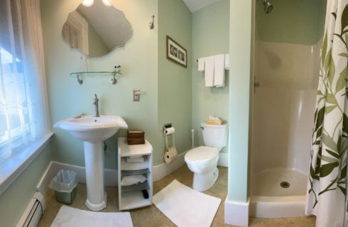 Bathroom with light green walls, pedestal sink, mirror, toilet and stand up shower